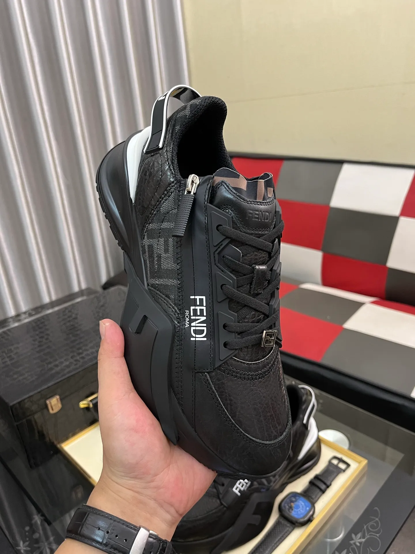 Men's shoes 💰620⌚️⌚️ FEND* — Fendi Flow men's casual sneakers, with elastic straps, side zippers, and corrugated soles engraved with F. Embossed Fendi Flow lettering on the heel. Made of technical fabric and a mix of blue and genuine leather. Decorated with Lycra® details. FF graphic tongue. Ultra-light and wear-resistant EVA sole. Code number: 38-44